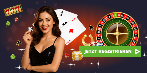 Frau mit Jeton vor Roulette Rad und Karten neben Jetzt Registrieren Button