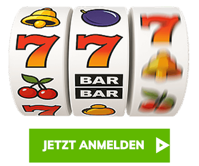 Slotmaschine mit klassischen Sieben Symbolen und grünem Jetzt Anmelden Button