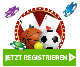 Bahigo Schweiz mit Sportbällen Karten und Pokerchips neben Jetzt Registrieren Button