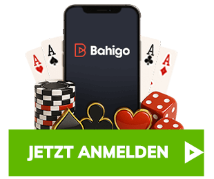 Smartphone mit Bahigo Logo vor Karten und Würfeln neben Jetzt Anmelden Button