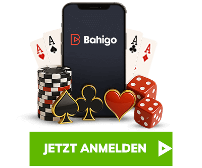 Smartphone mit Bahigo Logo umgeben von Karten Würfeln und Chips