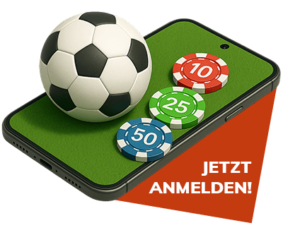 Smartphone mit Fussball und bunten Chips neben Jetzt Anmelden Button